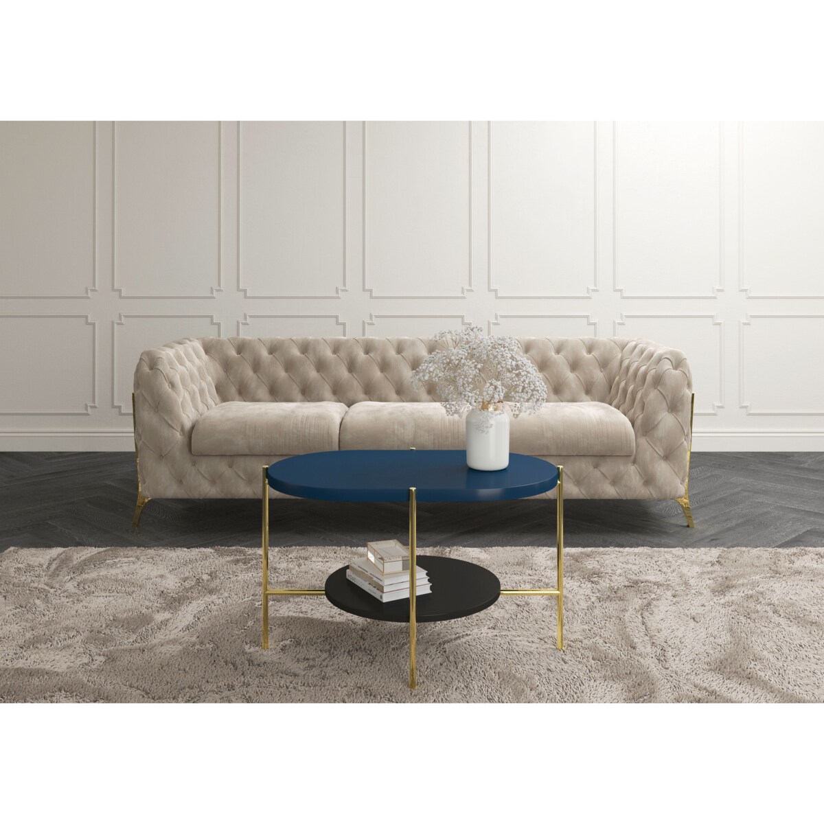 Nowoczesny stolik kawowy Dancan ARENA / złota podstawa + granatowy i czarny blat