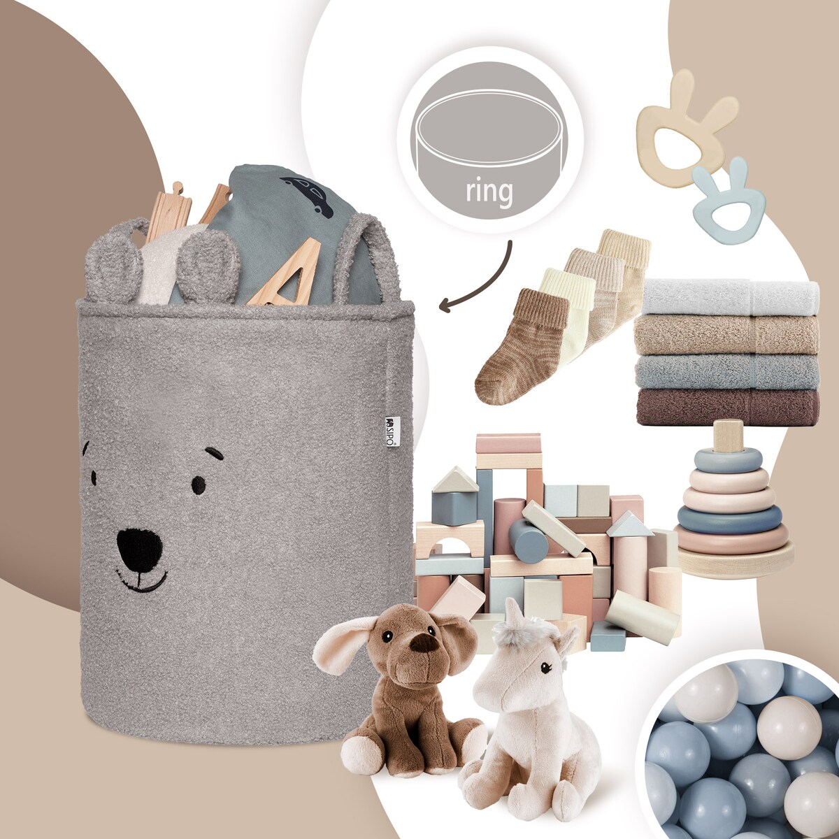 kosz na zabawki sipo, wersja premium boucle, zamykany na ściągacz, szary miś, xl