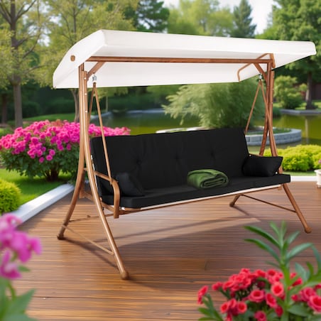 Huśtawka OGRODOWA 3 osobowa bujana z DASZKIEM duża METALOWA wolnostojąca