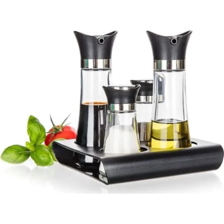 PRZYPRAWNIK na podstawce SOLNICZKA pojemnik na oliwę ocet 4w1 banquet box