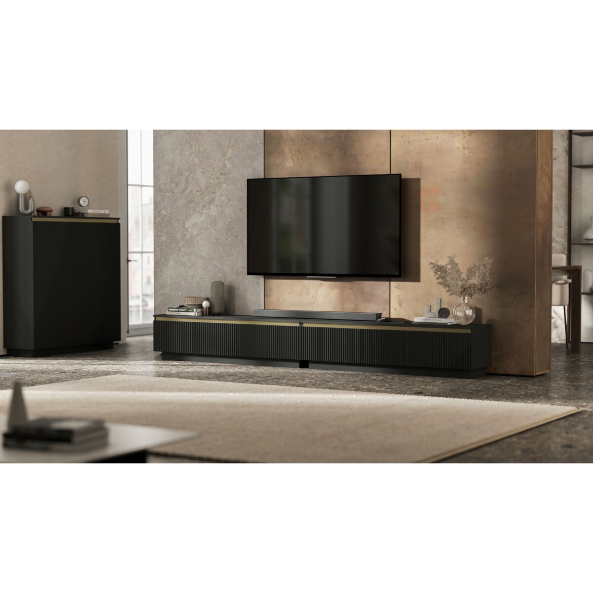 Nowoczesna Szafka RTV Glamour Komoda RTV Czarny Mat 280 cm ryflowane fronty