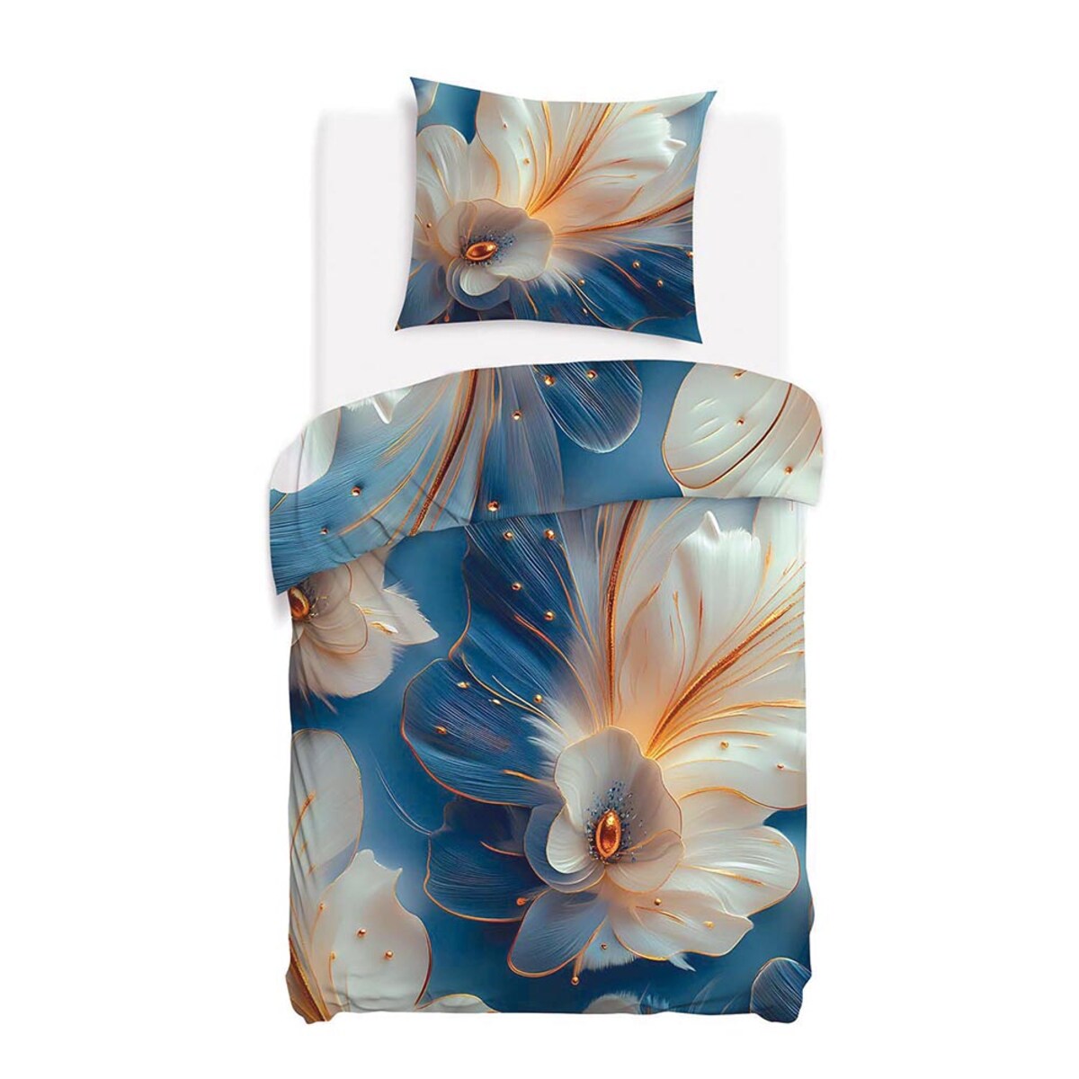 Pościel satyna bawełniana 140x200 Auroria złote kwiaty na niebieskim tle, Satynlove Premium