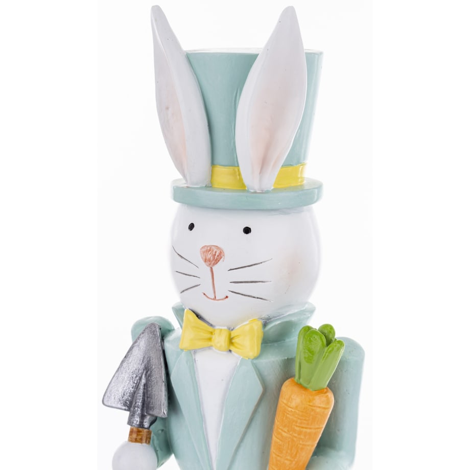 Figurka - Królik w niebieskim mundurze 34x9x6 cm z marchewką i łopatką