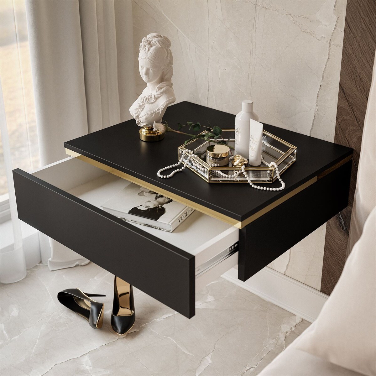 Stolik nocny AURORA wiszący czarny mat