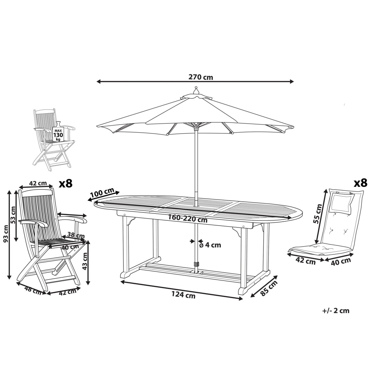 Zestaw ogrodowy drewniany stół z parasolem i 8 krzeseł z poduszkami złamana biel MAUI