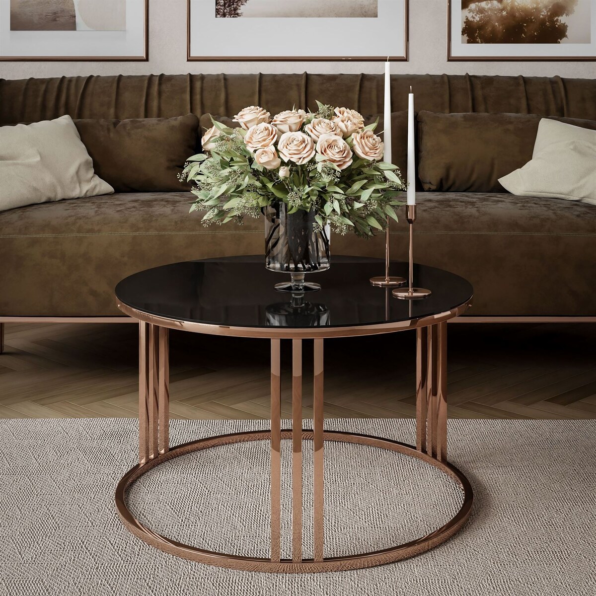 Okrągły stolik kawowy LORI GLASS z miedzianym stelażem, czarne szkło