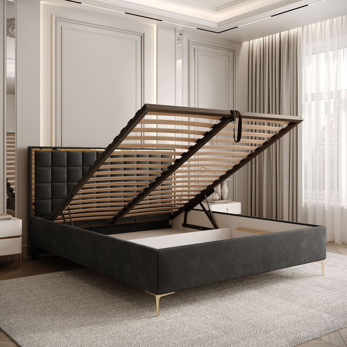 Łóżko tapicerowane ISADORA GOLD, pojemnik na pościel, stelaż 34, 160x200, RV 185