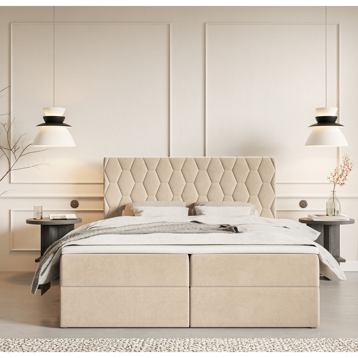 Łóżko kontynentalne G8 do sypialni 140x200 z pojemnikiem i materacem- beżow