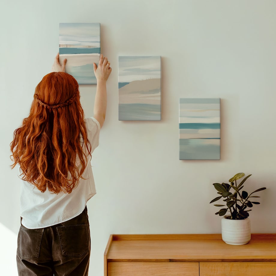 Zestaw 3 małych obrazów na płótnie - Abstrakcyjne niebieskie pejzaże - turkusowy