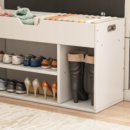 Szafka na buty z siedziskiem drewniana schowek 3 półki otwierana biała 80cm