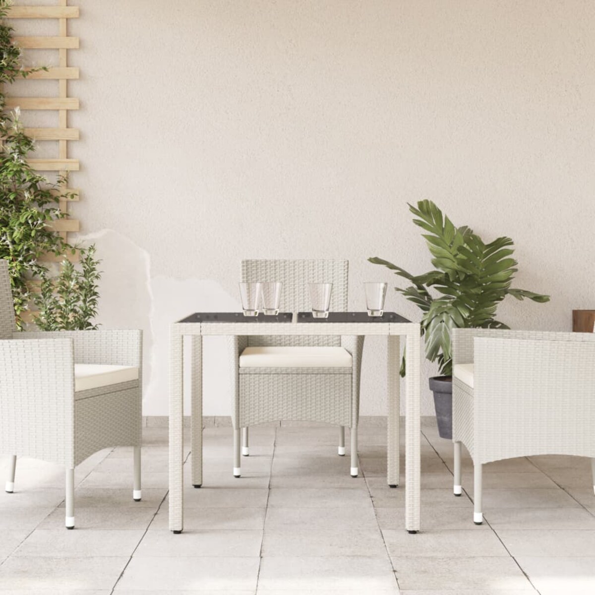 vidaXL Stół ogrodowy ze szklanym blatem, biały 90x90x75 cm, polirattan