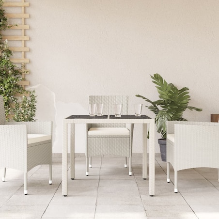 vidaXL Stół ogrodowy ze szklanym blatem, biały 90x90x75 cm, polirattan