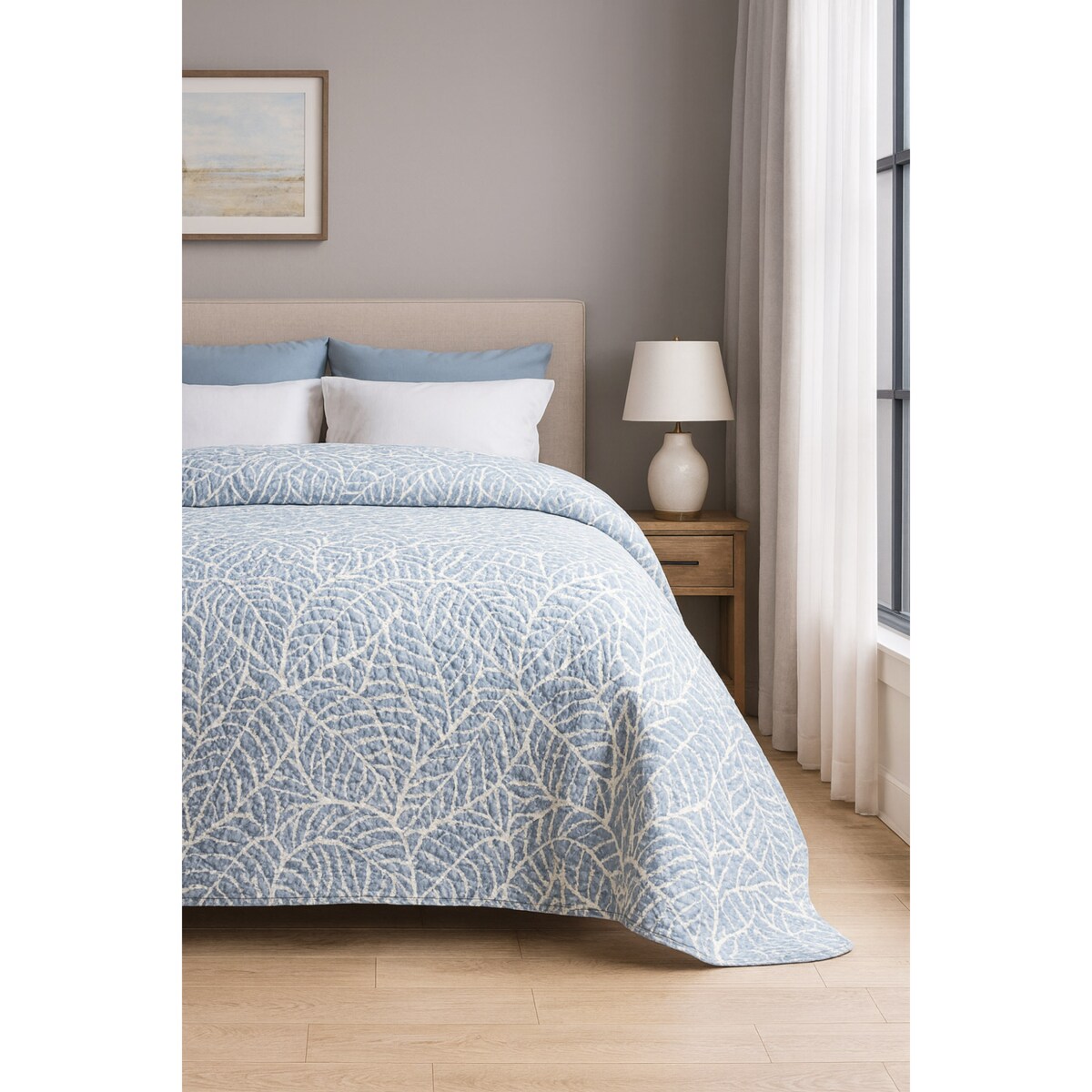 Narzuta pikowana niebieska Remo 170x210 ozdobne liście, drukowana