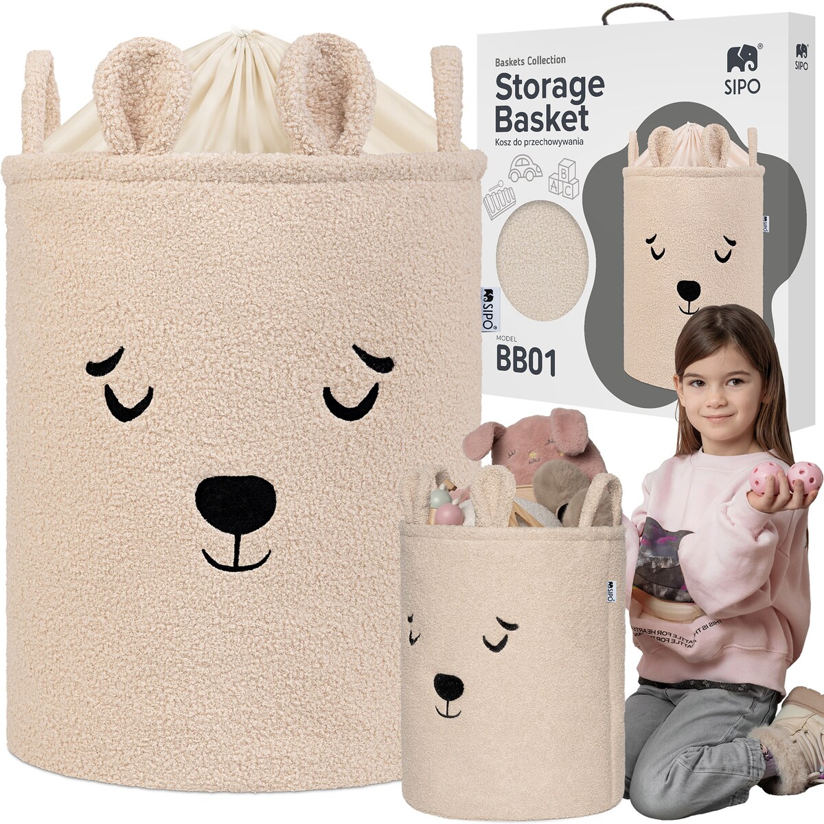 kosz na zabawki sipo, wersja premium boucle, zamykany na ściągacz, beżowy miś, xl