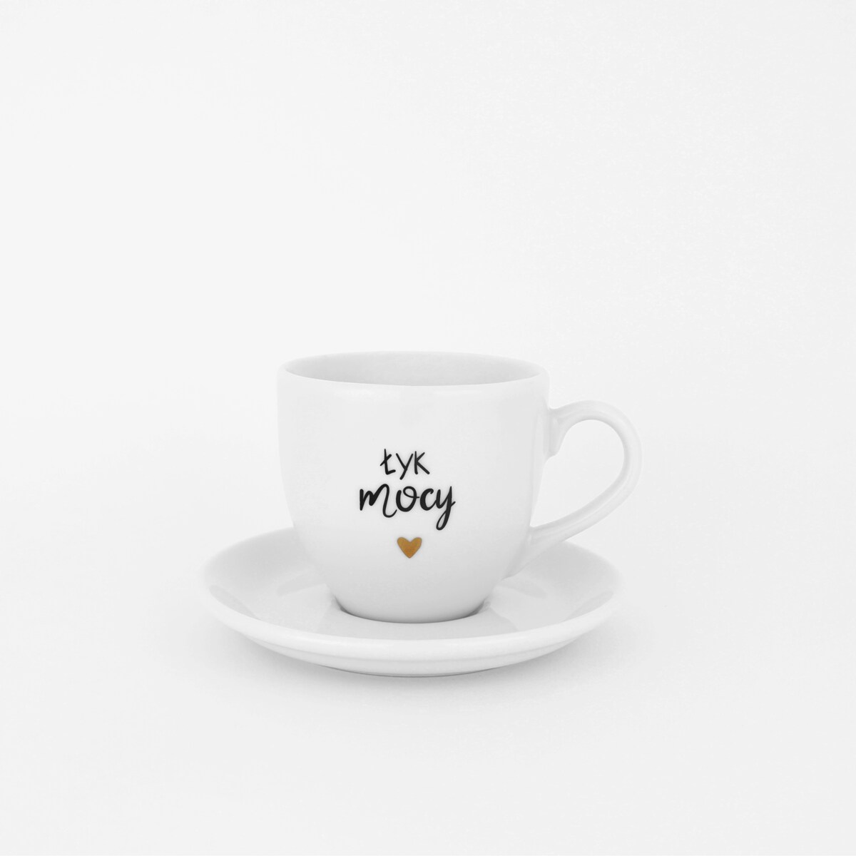 Biała filiżanka porcelanowa do espresso ze spodkiem 100 ml - napis Łyk mocy ze złotym sercem dla miłośnika kawy na urodziny