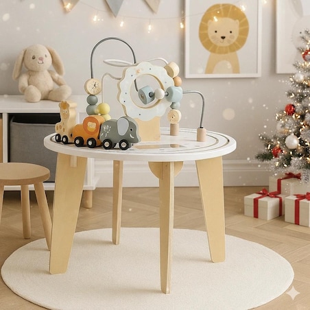 Drewniany stolik edukacyjny 2w1 interaktywny, manipulacyjny - labirynt i tor z pojazdami