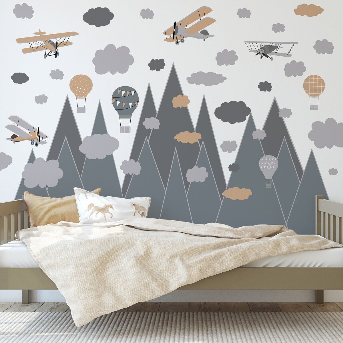 NAKLEJKI NA ŚCIANĘ DLA DZIECI GRAFITOWE GÓRY SAMOLOTY BALONY VINTAGE ZESTAW