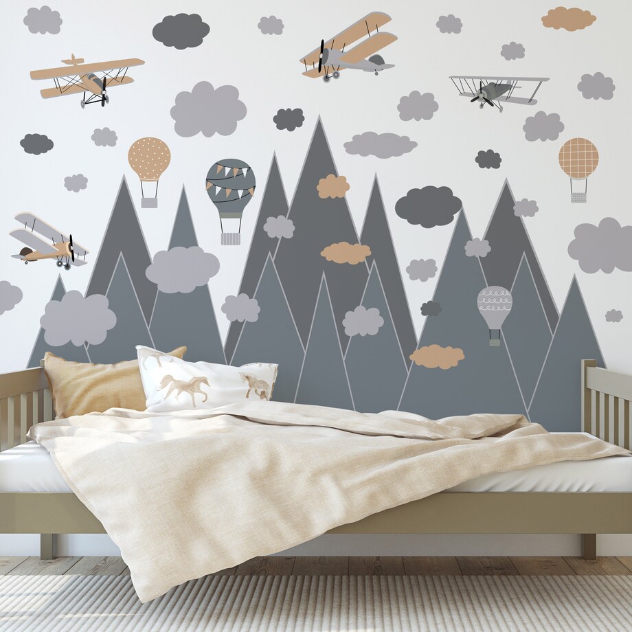 NAKLEJKI NA ŚCIANĘ DLA DZIECI GRAFITOWE GÓRY SAMOLOTY BALONY VINTAGE ZESTAW