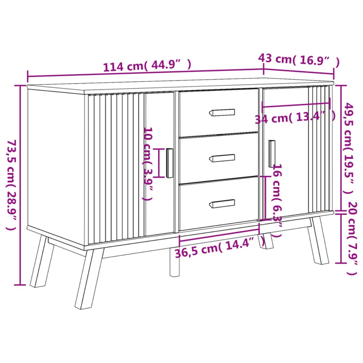 vidaXL Komoda OLDEN, brązowa, 114x43x73,5 cm, lite drewno sosnowe