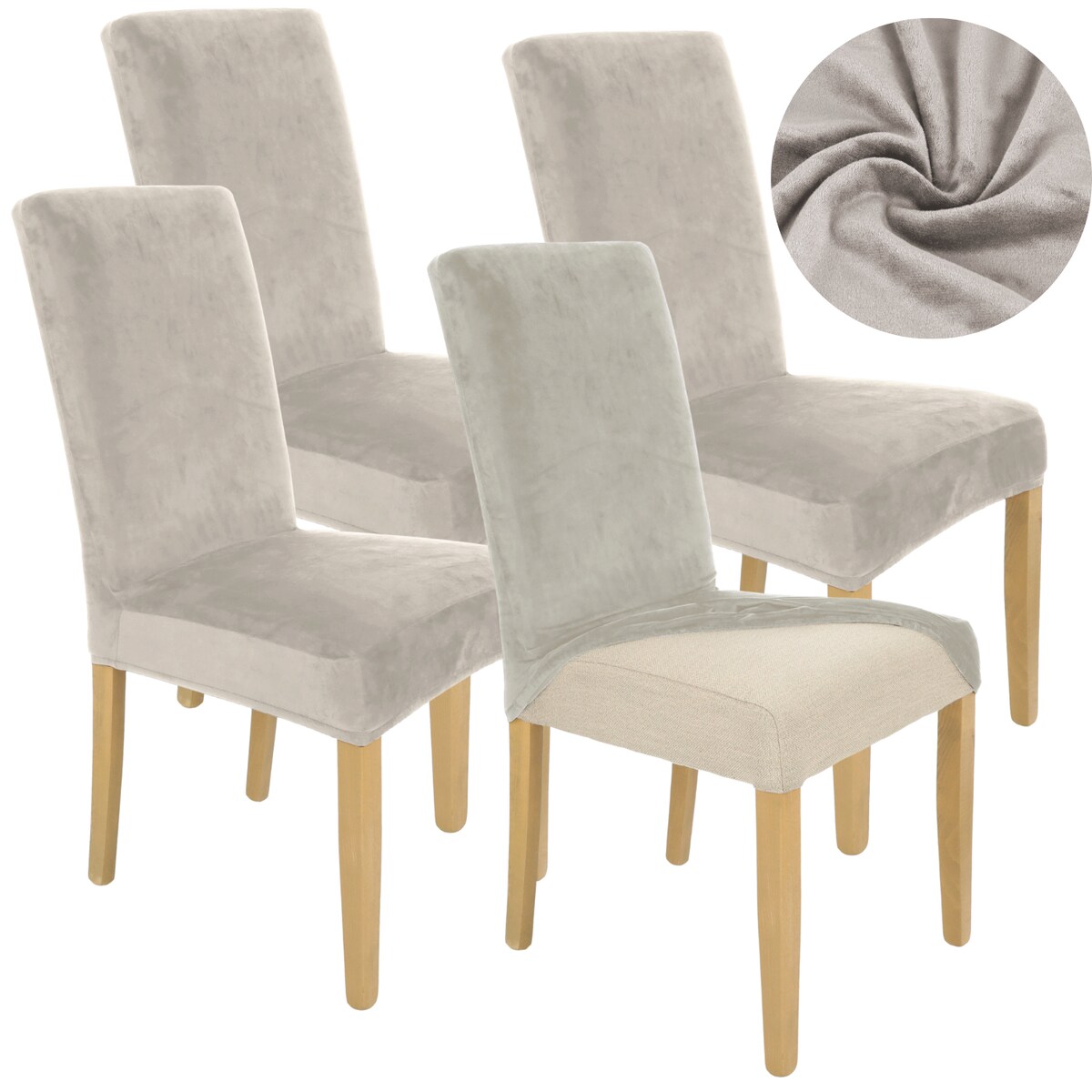 Pokrowiec Na Krzesło Zestaw 4 Szt Chłodny Beż Welur Elastczyny