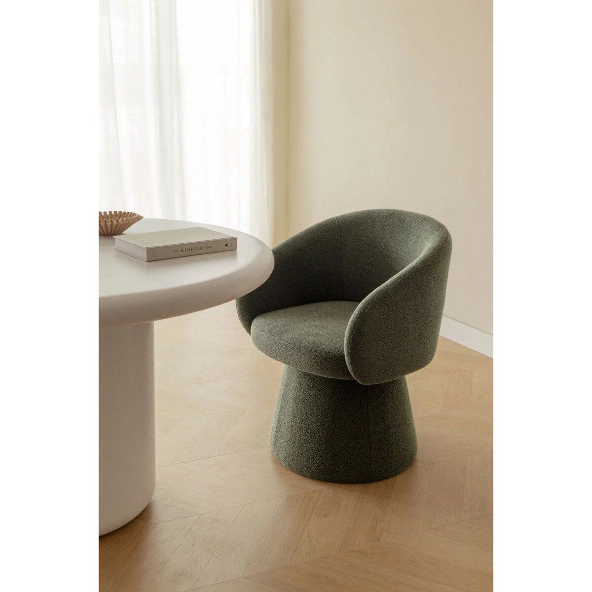 Obrotowe krzesło do jadalni, bouclé ciemnozielone Flavian