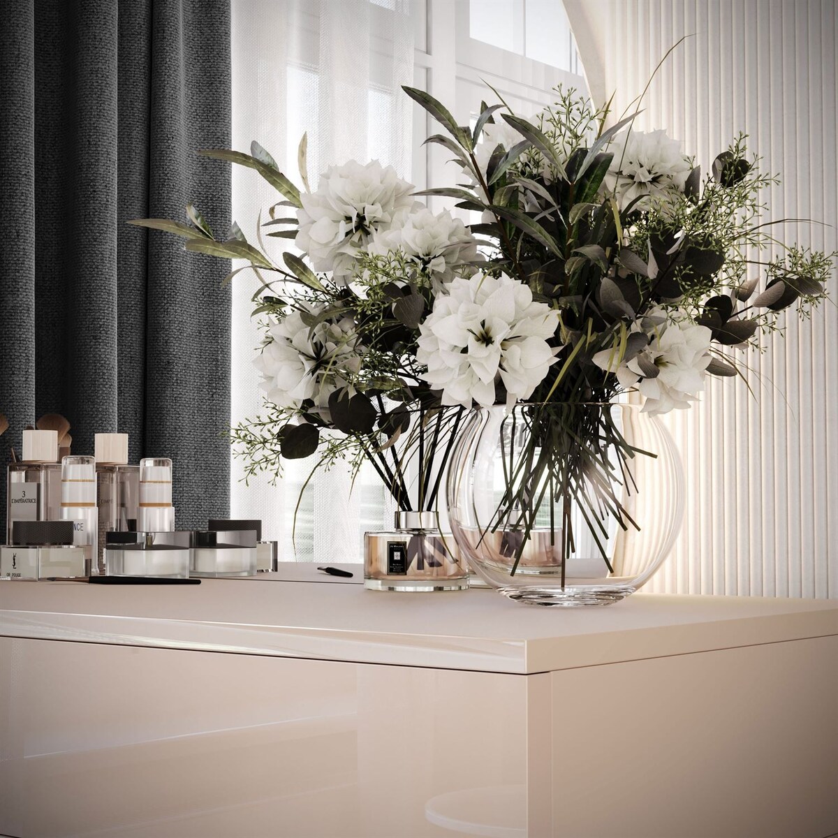 Toaletka kosmetyczna QUINNIE KASZMIR z lustrem LED chrom, prawa, push-to-open