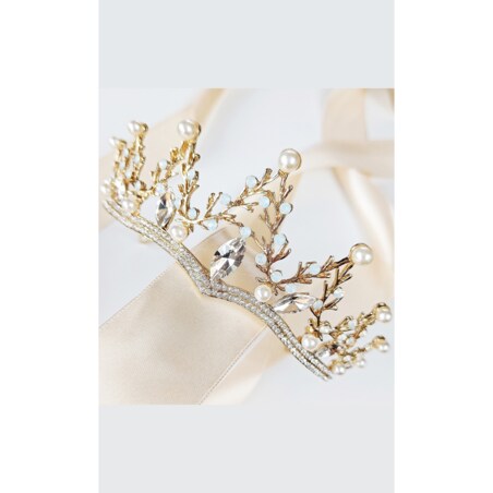 NIETUZINKOWA złota tiara diadem korona do włosów z cyrkoniami perłami GLAM