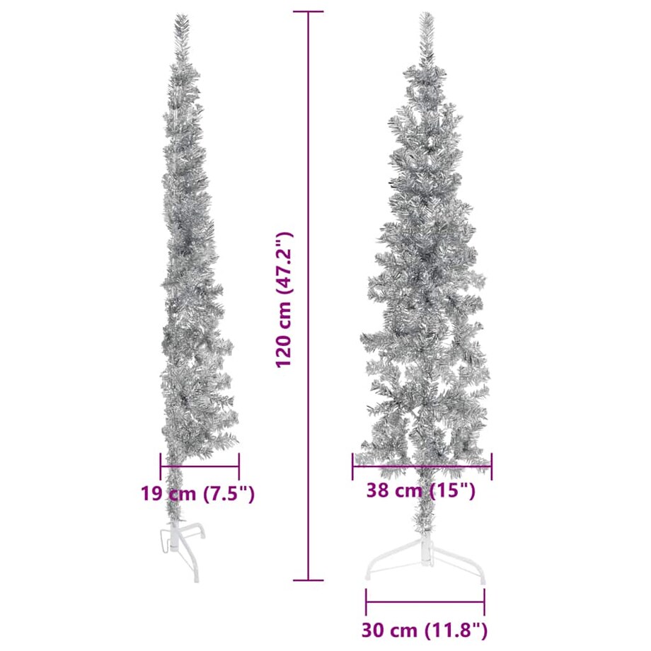 vidaXL Smukła choinka połówka ze stojakiem, sztuczna, srebrna, 120 cm