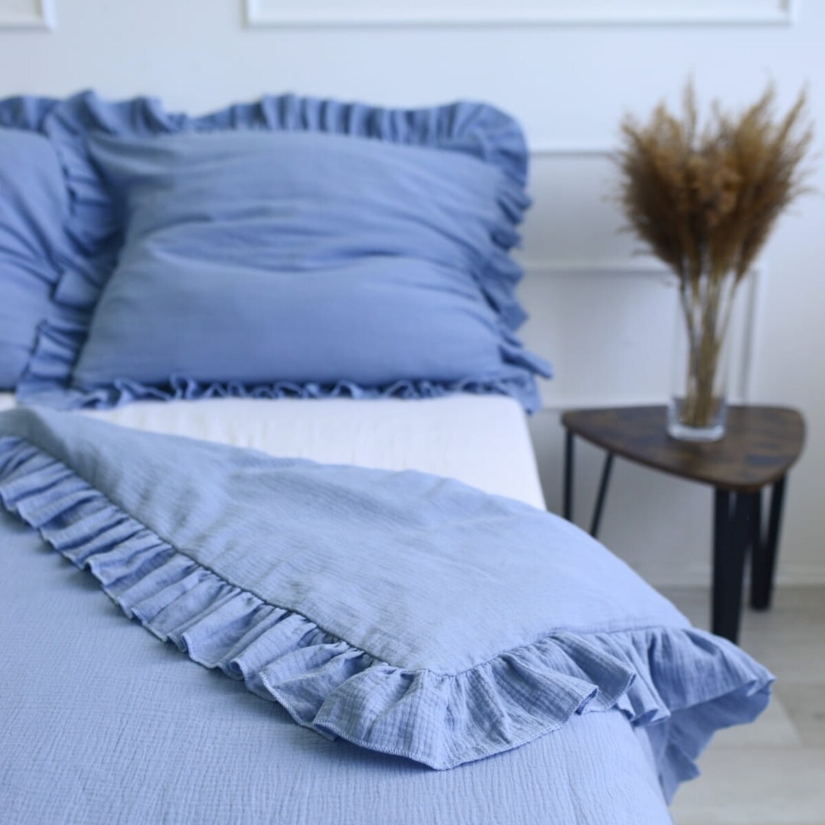 Pościel muślinowa z falbanką jeans 200x200 + 2x50x60