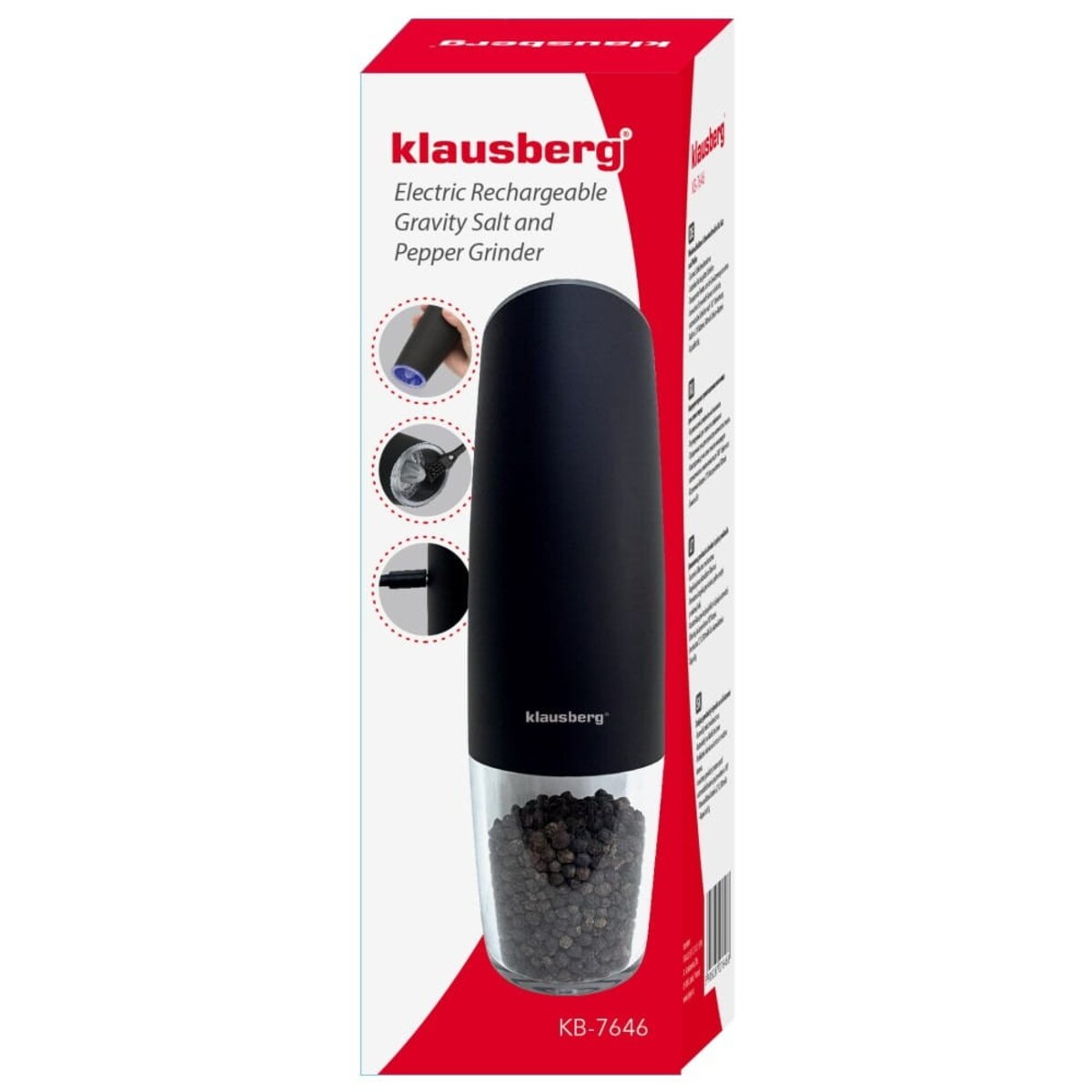Młynek grawitacyjny do soli i pieprzu akumulatorowy KLAUSBERG