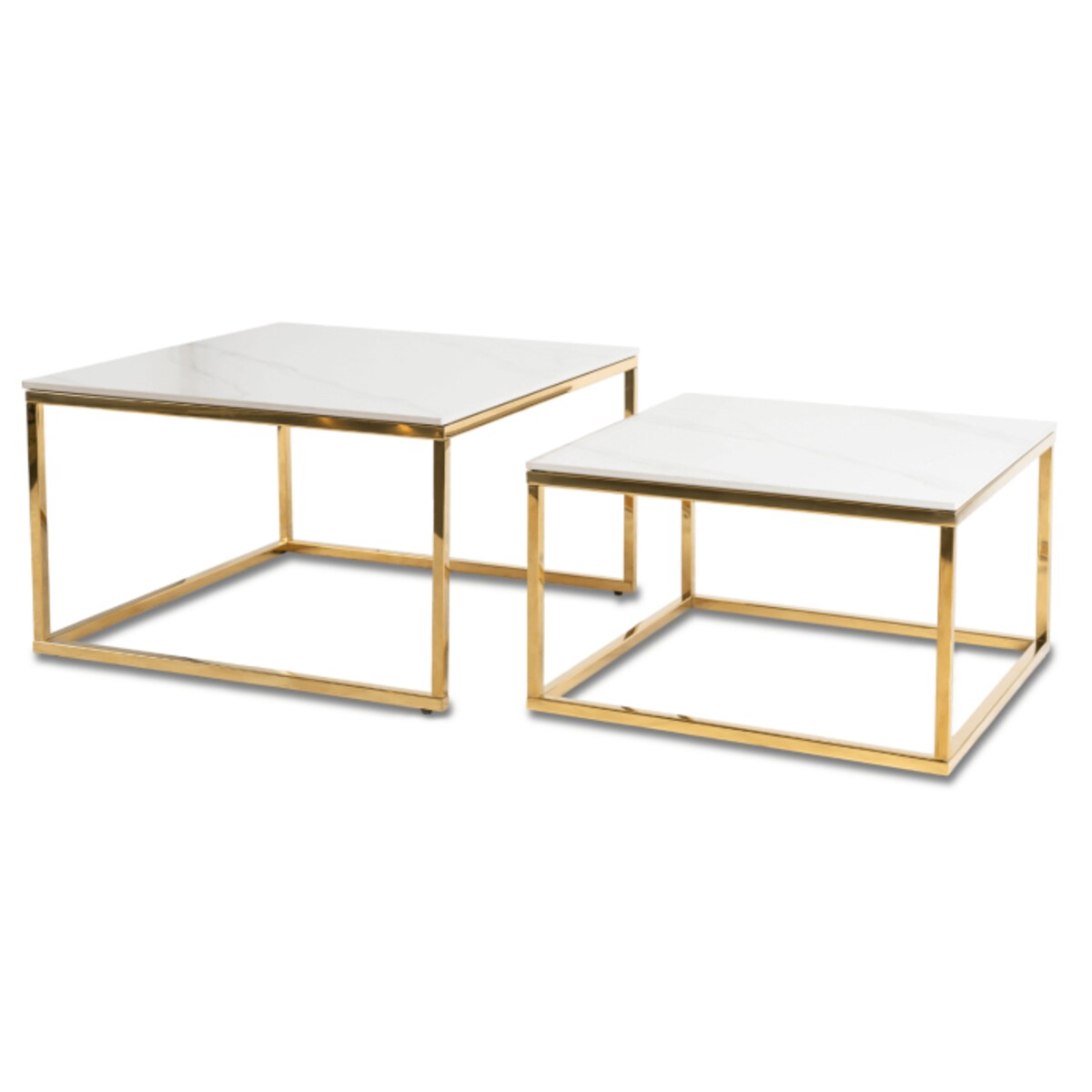 Stolik Kawowy Kwadratowy Zestaw 2w1 Ława Glamour Biały Marmur Złoty TENOR