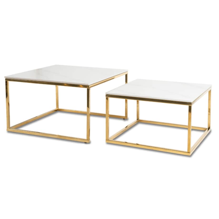 Stolik Kawowy Kwadratowy Zestaw 2w1 Ława Glamour Biały Marmur Złoty TENOR