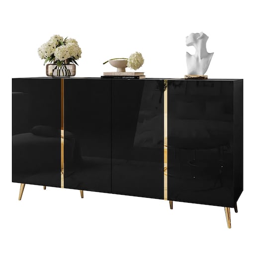 Komoda ONYX 4D 158 cm na złotych nóżkach, czarna, push-to-open