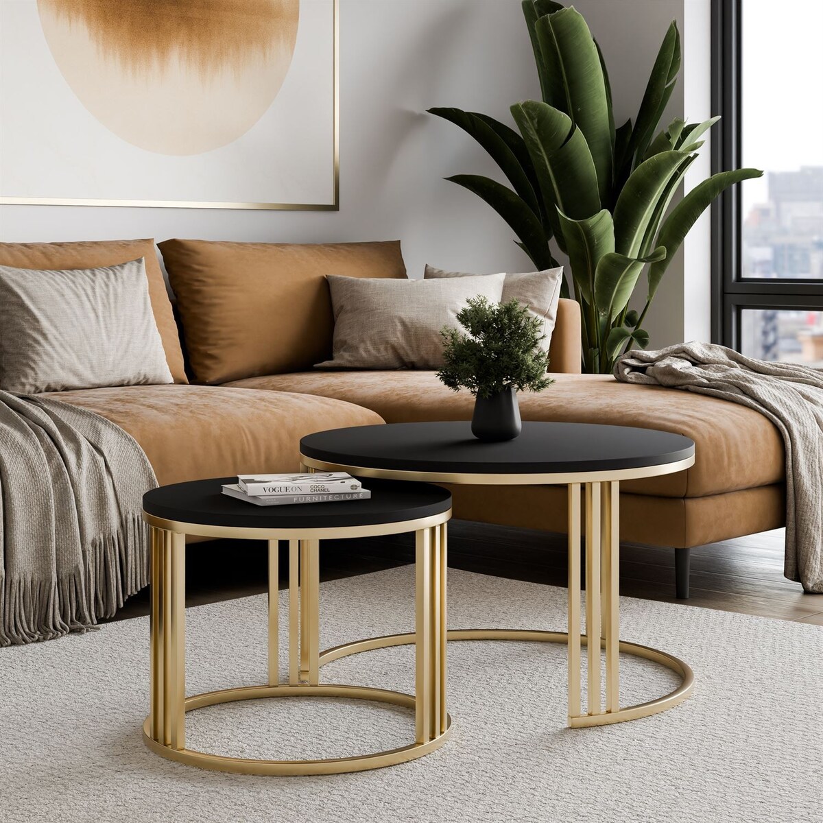 Okrągły stolik kawowy 2w1 LORI MAT złoto szczotkowane, blat czarny mat