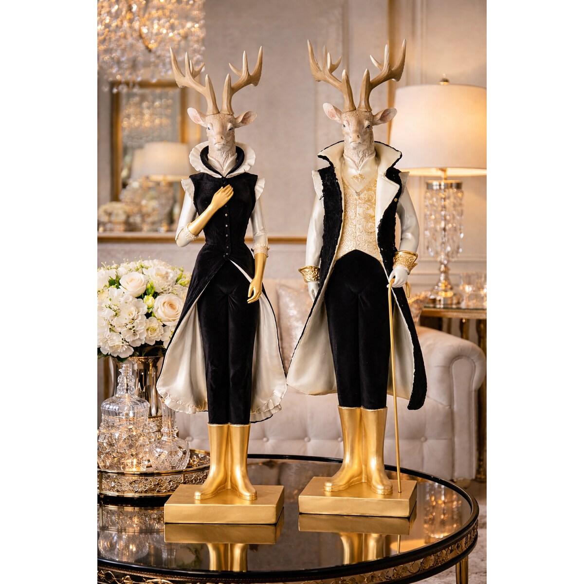 Figurka - pan renifer 62x21x17,5 cm RENIK w granatowo-białym płaszczu i z laską