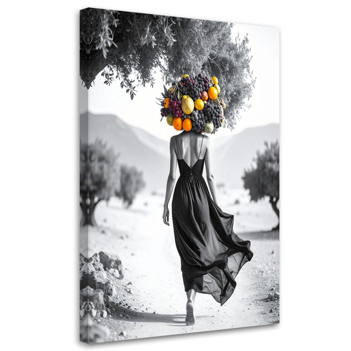 Obraz nowoczesny do salonu, Kobieta z owocami na głowie 80x120