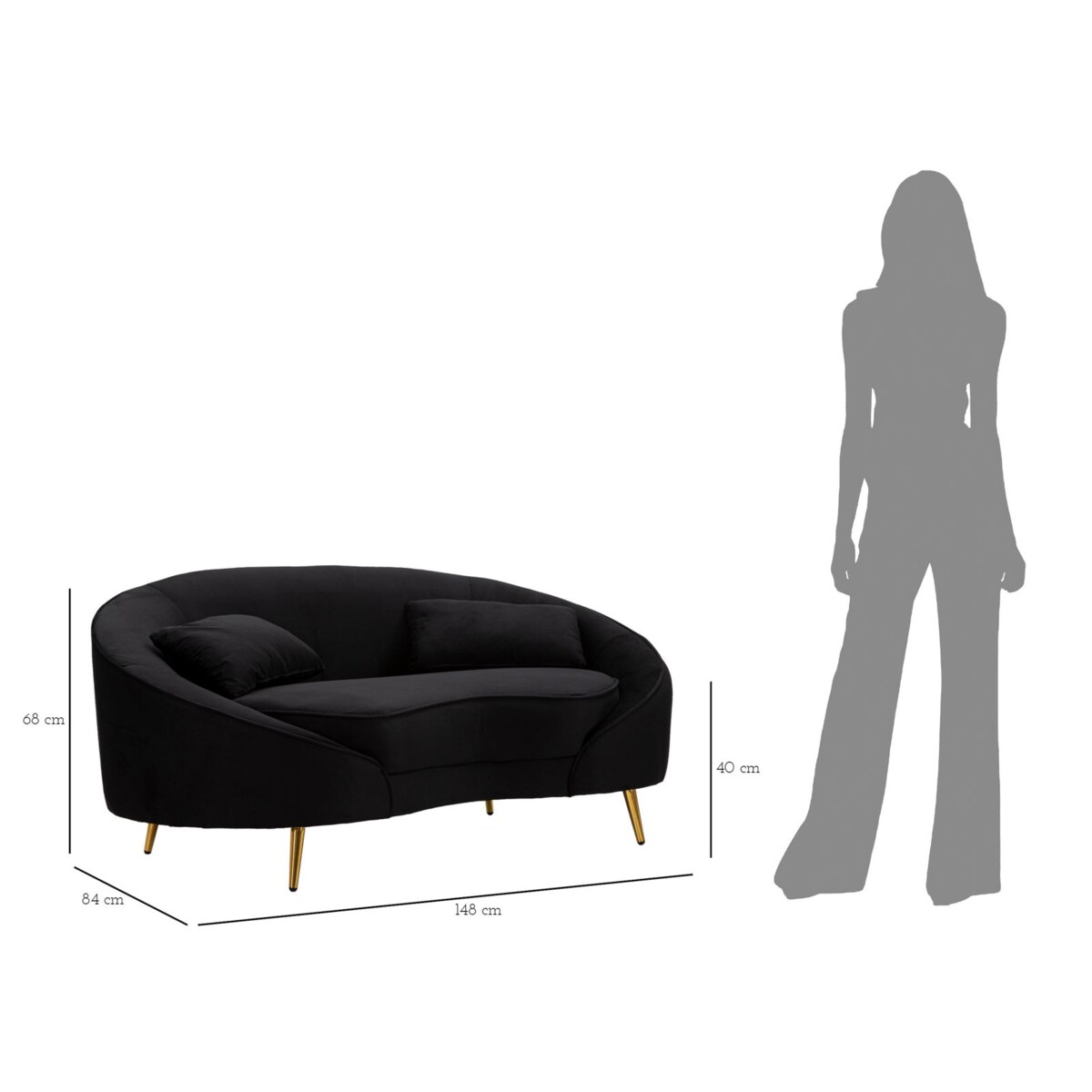 Sofa Oslo, kolor czarny i złoty, poliester, drewno eukaliptusowe i metal, 148 x 84 x 68 cm, do salonu, Mauro Ferretti