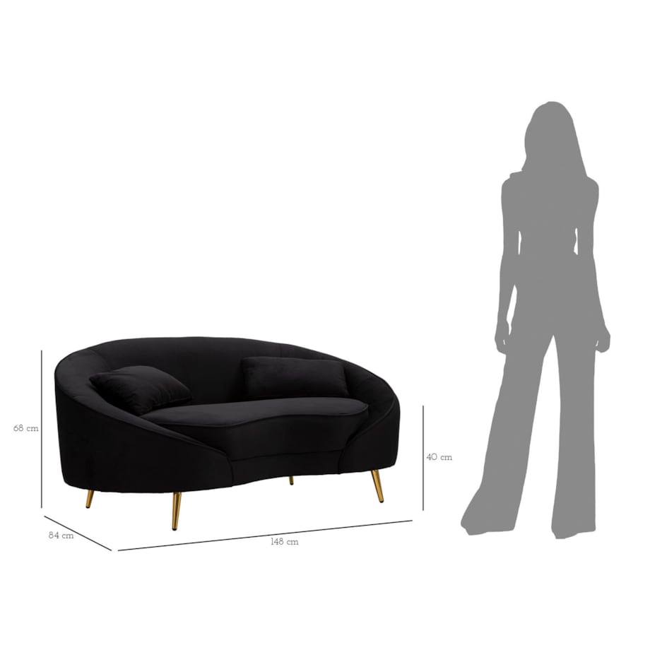 Sofa Oslo, kolor czarny i złoty, poliester, drewno eukaliptusowe i metal, 148 x 84 x 68 cm, do salonu, Mauro Ferretti