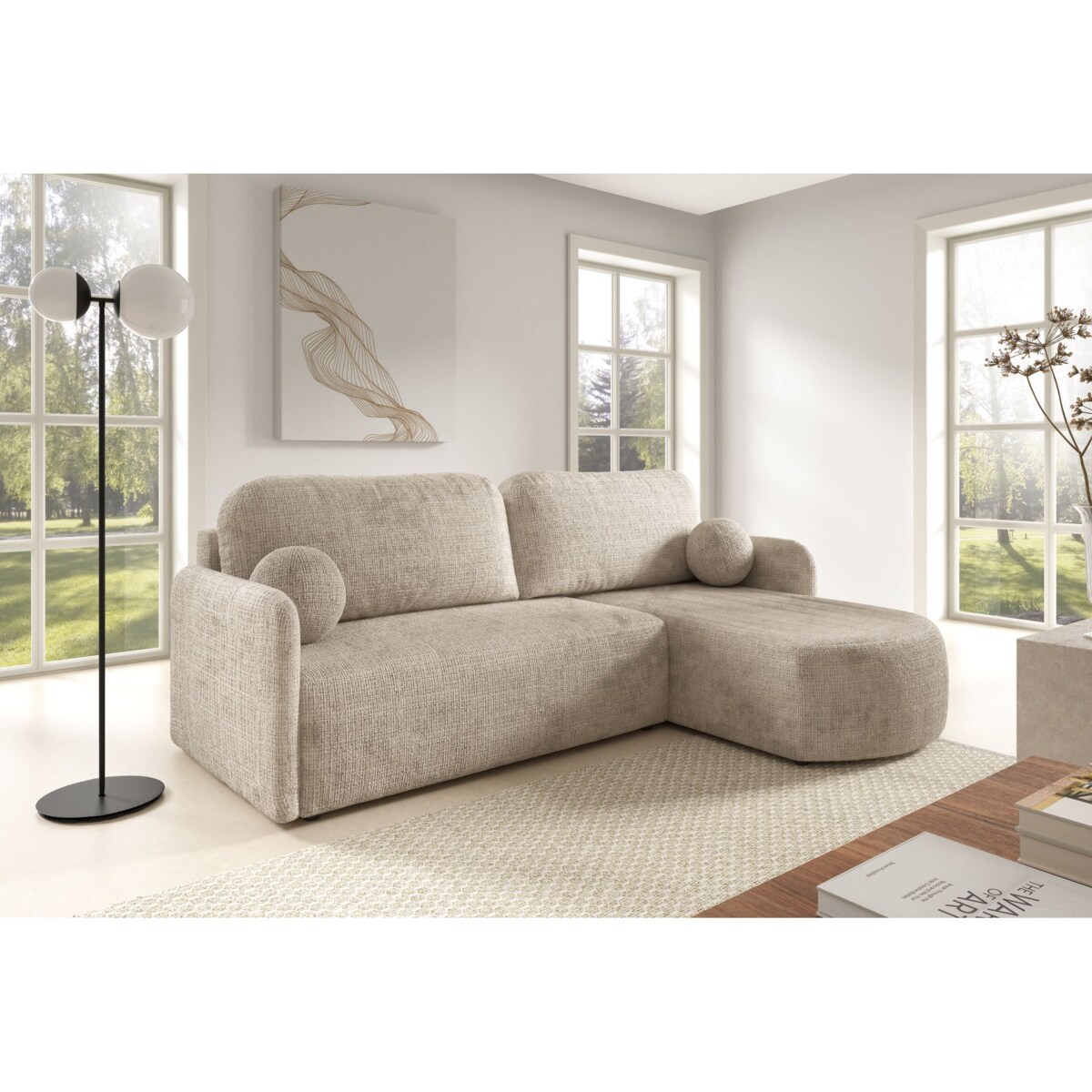 Nowoczesny Narożnik BON z funkcją spania, obity tkanina Cremona, beżowy