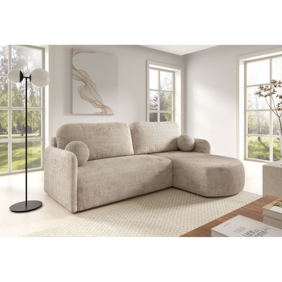 Nowoczesny Narożnik BON z funkcją spania, obity tkanina Cremona, beżowy