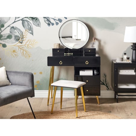 Toaletka 6 szuflad lustro LED ze stołkiem czarno-złota YVES
