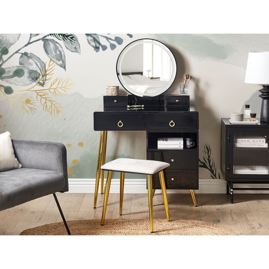 Toaletka 6 szuflad lustro LED ze stołkiem czarno-złota YVES