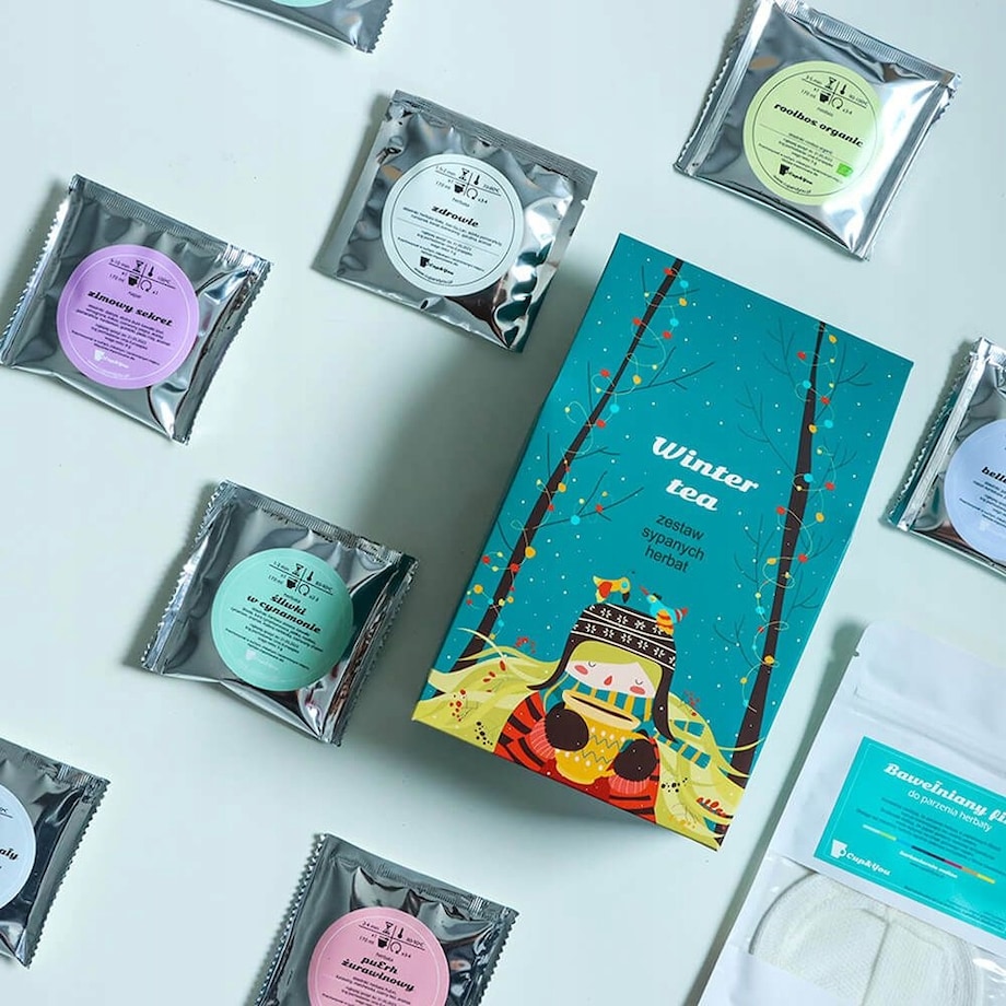 ZESTAW PREZENTOWY MIX 10 RÓŻNYCH ZIMOWYCH HERBAT SYPANYCH LIŚCIASTYCH W SASZETKACH + ZAPARZACZ BAWEŁNIANY - BOX PREMIUM IDEALNY NA PREZENT UPOMINEK