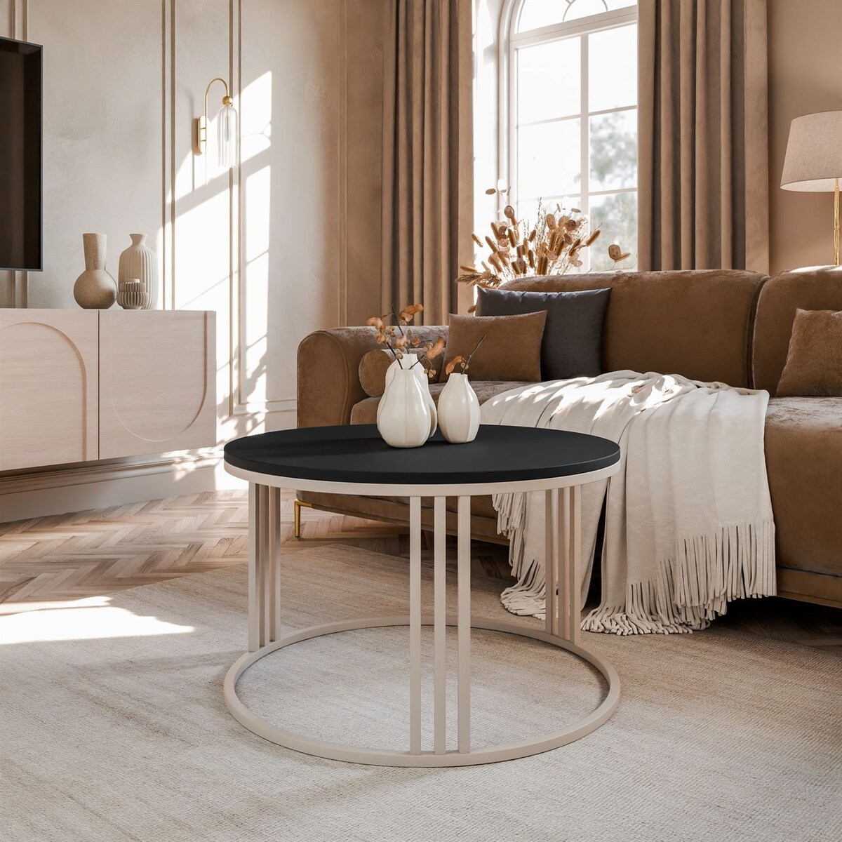 Okrągły stolik kawowy LORI MAT, kaszmirowy stelaż, blat czarny mat