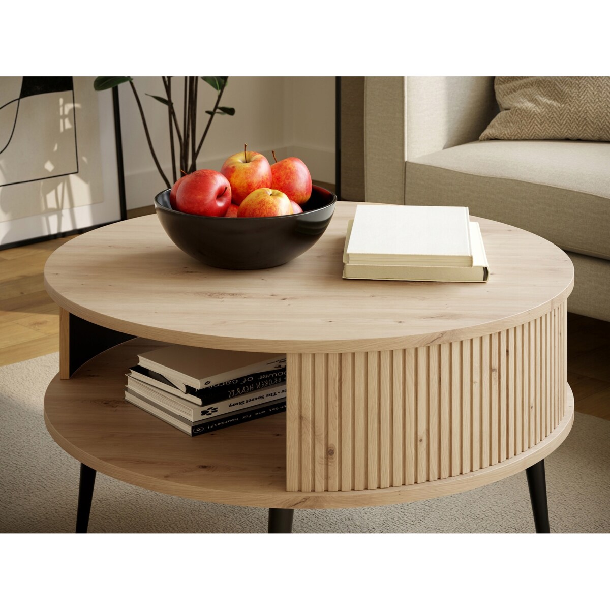 Nowoczesny Stolik Kawowy Lamele DĄB ARTISAN Ø 76 cm VERLO + Czarne Nogi