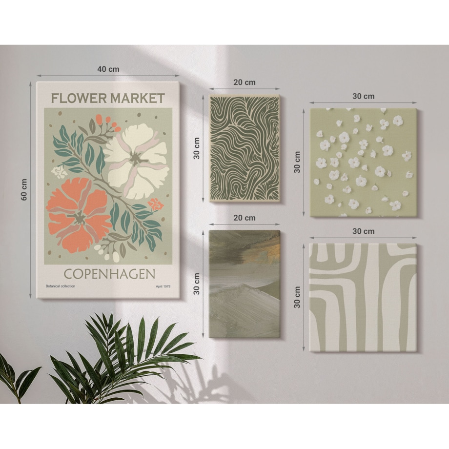 Zestaw 5 obrazów na płótnie - Roślinne motywy boho wzory - zielony