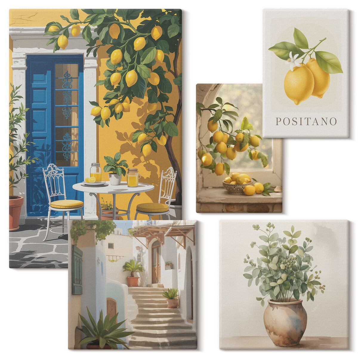 Zestaw 5 obrazów na płótnie - Cytrusowe inspiracje w stylu prowansalskim - żółty