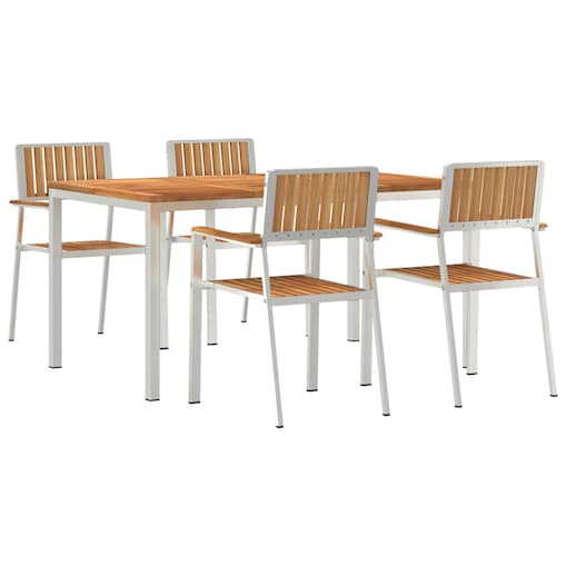 Zestaw do jadalni vidaXL 5 częściowy z litego drewna tekowego, Stół do jadalni na zewnątrz vidaXL 150x90x75 cm z litego drewna tekowego, Zestaw krzeseł ogrodowych vidaXL 4 sztuki z litego drewna tekowego i metalu