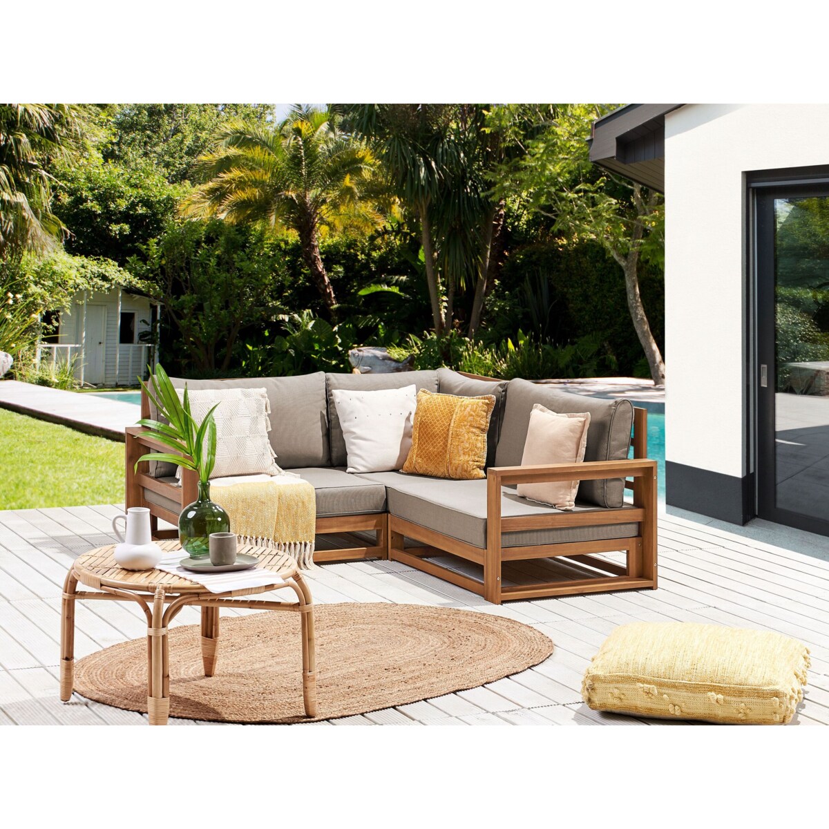 Sofa ogrodowa z-certyfikowanego-drewna-akacjowego 2-osobowa narożna jasna TIMOR II