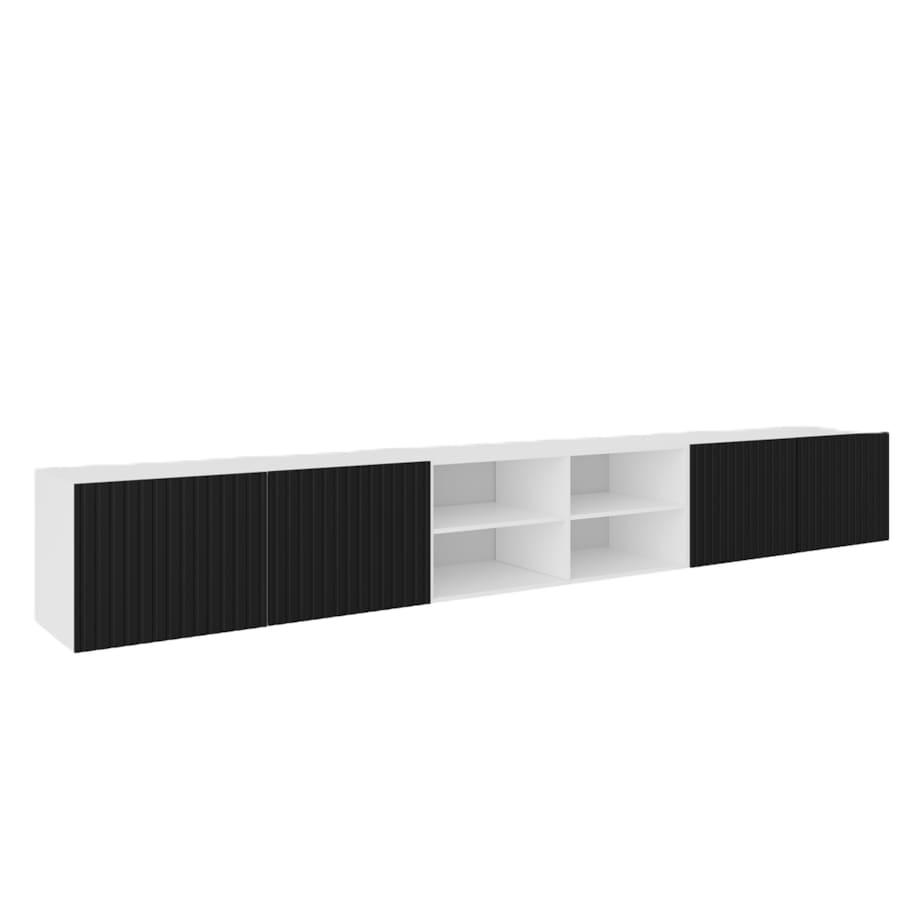 Szafka RTV RIO 300 cm otwarta z półkami, ryflowana- biały+czarny